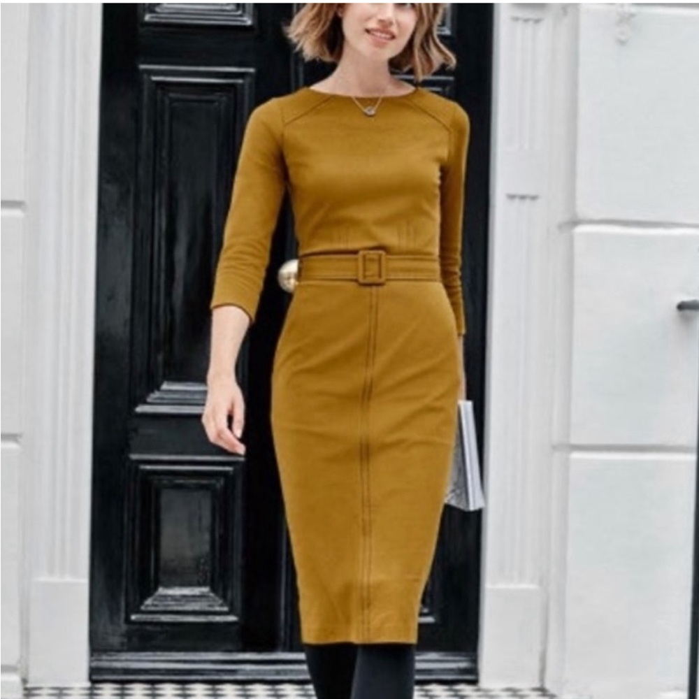 Boden Mustard Midi Belted Sheath Dress
